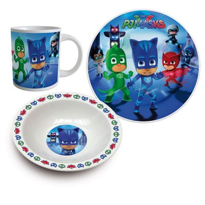 Pyjamashjältarna, frukostset i porslin, tallrik, skål och mugg